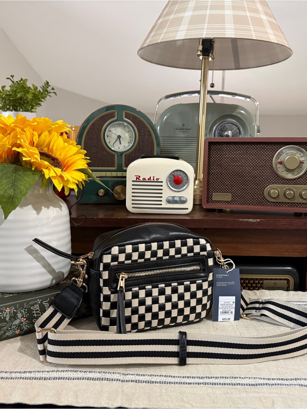 NWT Black & White Checkered Crossbody |Adjustable Stripe Strap|Trendy Camera Bag